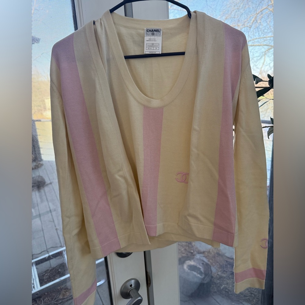 Chanel cream and Pink Striped Sweater with matching Chanel tank.